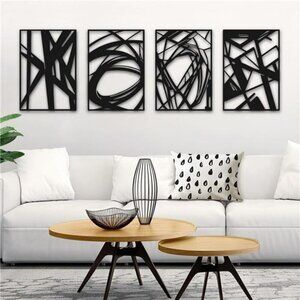Black Metal Wall Art Set of 4 Modern 3D Abstract Decor for Bedroom Living Room